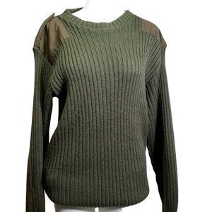 Military Issued Sweater 4 Green Khaki Pure Wool Shoulder Elbow Patch Cable Knit